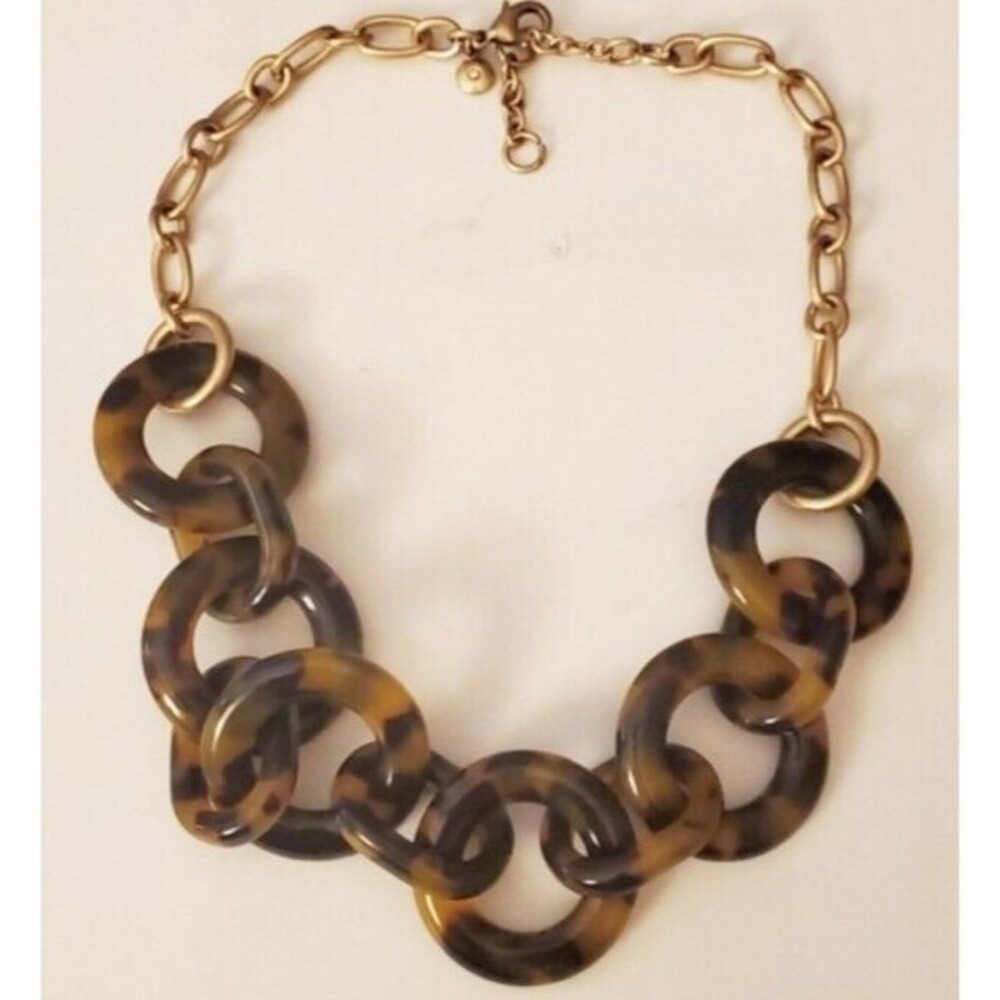 J. Crew Fashion Statement Necklace Tortoise Shell Acrylic Loops Gold Tone Chain